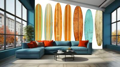 collection of vintage wooden longboard surfboard isolated for object, retro styles. Wall mural