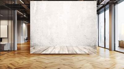 Empty a white interior of vintage room - gray grunge concrete wall and old wood floor. Realistic 3d as perfect background for your concept or project. Wall mural