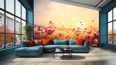 landscape nature background of beautiful pink and red cosmos flower field with sunset. vintage color Wall mural