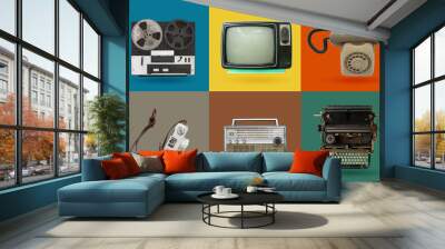 Retro electronics set. Nostalgic collectibles from the past 1980s - 1990s. objects isolated on retro color palette with clipping path. Wall mural