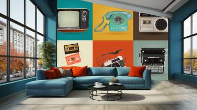 Retro electronics set. Nostalgic collectibles from the past 1980s - 1990s. objects isolated on retro color palette with clipping path. Wall mural