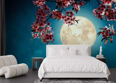 romantic night scene - beautiful cherry blossom (sakura flowers) in night skies with full moon. - re Wall mural