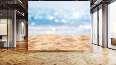 seascape abstract beach background. blur bokeh light of calm sea and sky. focus on sand foreground. Wall mural