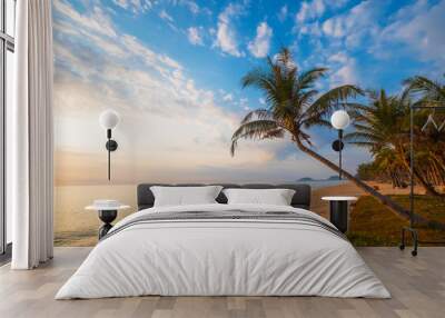 Seascape of beautiful tropical beach with palm tree at sunrise. sea view beach in summer background. Wall mural