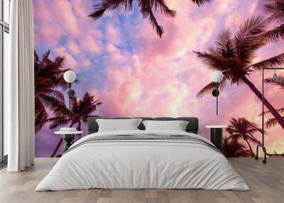 Silhouette of tropical beach during sunset twilight. seascape of summer beach and palm tree at sunset. vintage color tone Wall mural