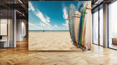 Surfboard on tropical beach in summer. landscape of white sand with Cloud scape, calm sea and sky.  water sports and relax. Vintage color tone Wall mural