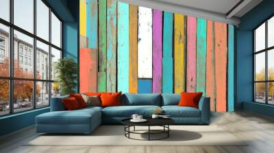 The colorful artwork painted on wood material for vintage wallpaper background. Wall mural