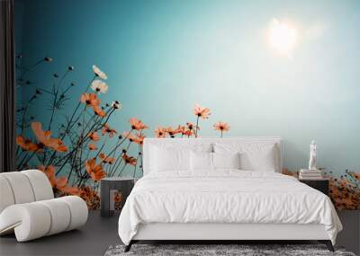 vintage landscape nature background of beautiful cosmos flower field on sky with sunlight in spring. Wall mural