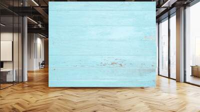 Wood wall painted weathered blue . Vintage blue wood plank background. Old blue wooden wall coming from beach. Wall mural