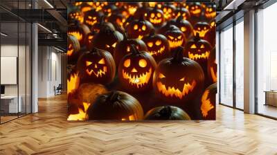 Glowing Halloween Jack-O'-Lantern Display at Night Wall mural