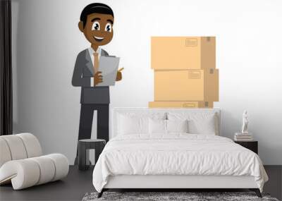 African businessman checking packages. Wall mural