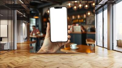 A Dynamic Mockup Of A Blank Phone , Capturing A Realistic Hand-held Perspective For Showcasing App Designs And Branding In A Casual Coffee Shop Setting Wall mural