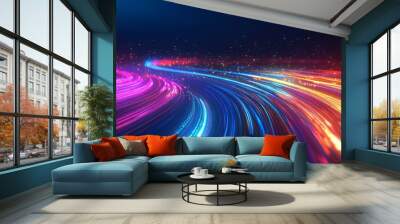 A vibrant light display on a dark blue background, showcasing speed waves and bright glows, symbolizing fast digital data transfer through fiber optic technology. Wall mural