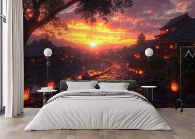 Asian Village Sunset with Lanterns and Stone Pathway Wall mural