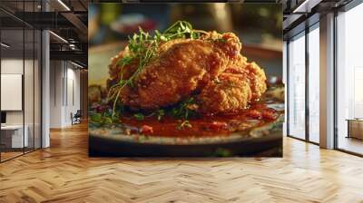 Delicious Fried Chicken Piece with Sauce and Herbs on Plate - Food Photography Advertisement Wall mural