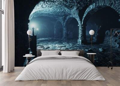 Eerie 3D Render of an Intricate Catacomb Dungeon with Whispering Shadows Wall mural