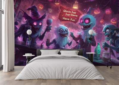 Halloween Monsters Partying at Bar with Drinks and Jack O Lanterns Wall mural