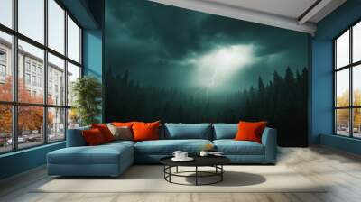 Powerful Lightning Strike Illuminating Dark Forest with Storm Clouds - Intense Atmosphere in Ultra-Detailed Image Wall mural