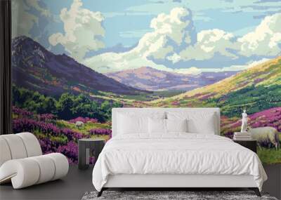 Sheep Grazing in a Mountain Meadow with Purple Flowers Wall mural