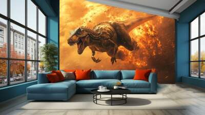 Tyrannosaurus Rex Dinosaur in Fiery Sky with Smoke and Dust Wall mural