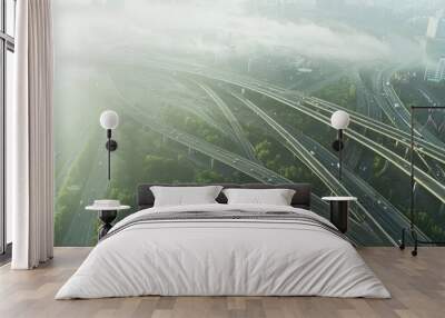 Urban Jungle: Aerial View of Smoggy Cityscape vs. Struggling Green Spaces with Ultra-Detailed, Cinematic Light Wall mural