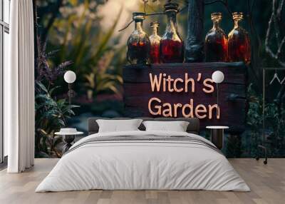 Witch s Garden Sign with Potions and Forest Background Wall mural