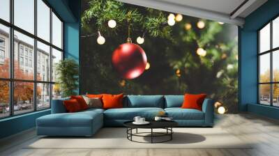 Christmas tree decorated with bulbs, beautiful. Wall mural