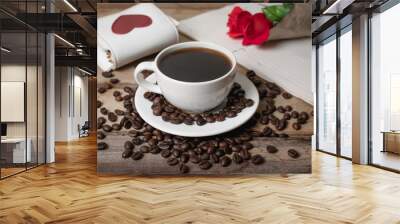 Coffee and roses on the wood floor Wall mural