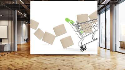 Online shopping and delivery service concept. Paper boxes in a shopping cart on Shopping cart, this image implies online shopping that customer order things from retailer sites via the internet. Wall mural