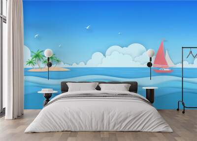 Summer template in nature blue seascape view on the beach with pink boat, surfboard, swim ring, hat, slipper, starfish, sea wave, coconut trees, clouds, blue sky and birds. Vector paper art concept. Wall mural