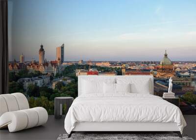 panoramic skyline of Leipzig with townhall and high court at sunset, Germany Wall mural