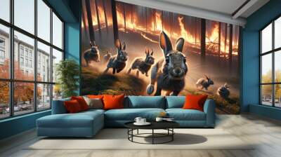 Rabbits running away from a blazing forest fire. Fear and fast movements of rabbits against the backdrop of approaching flames and a smoky forest. Wild animals escape from the fire. Wall mural