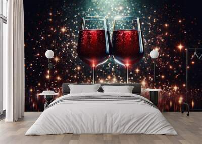 Two glasses of wine on a shiny red background. Glasses of wine with croissant outline. Wall mural