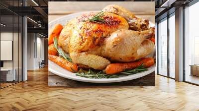 A beautifully roasted chicken served on a plate with fresh carrots and rosemary, showcasing a delicious meal perfect for gatherings. Wall mural