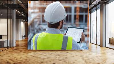 A construction worker with a hard hat and safety vest uses a tablet to review plans on a building site. Wall mural