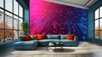 Abstract circuit board design with glowing pink and blue patterns Wall mural