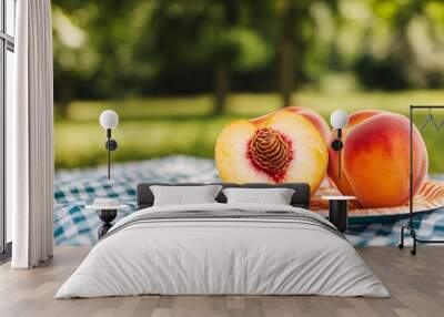 Freshly sliced peaches on a picnic blanket a perfect summer treat for outdoor gatherings and relaxation in nature's embrace Wall mural