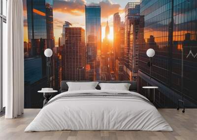 Urban cityscape at sunset with tall skyscrapers Wall mural