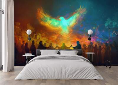 Digital art of people united, holding hands, with a glowing dove representing the Holy Spirit Wall mural