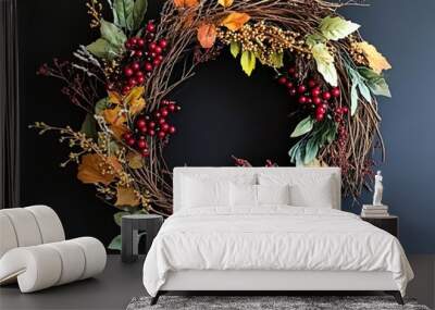 Festive Fall Wreath with Seasonal Berries and Foliage on Dark Background Wall mural