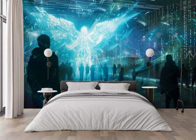 Futuristic scene hologram of Holy Spirit as data streams into minds of diverse people worldwide Wall mural