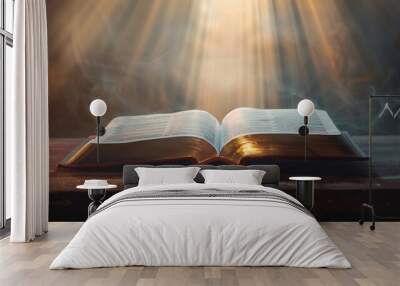 Illuminated Open Bible on Wooden Table with Light and Smoke Wall mural