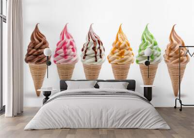 Row of different-flavored soft-serve ice cream cones with syrup on a white background Wall mural