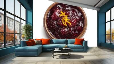 Vibrant Cranberry Sauce in Small Bowl Garnished with Orange Zest Isolated on White Background Wall mural