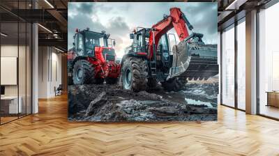 A red tractor and bulldozer working  on a site Wall mural