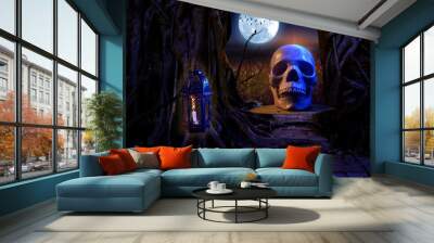  A human skull on a stump above a dead tree and the moon. halloween background Wall mural