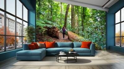 Beautiul girl with a backpack walks in magical green lush stunning rainforest - D'Aguilar National Park (Maiala trail) near Brisbane, Queensland, Australia Wall mural