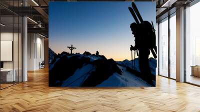 Young woman with ski in winter mountains Wall mural