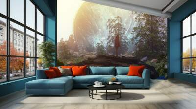 Futuristic science fiction illustration. Digital art. Fantasy scenery. Bright evening light. Wall mural