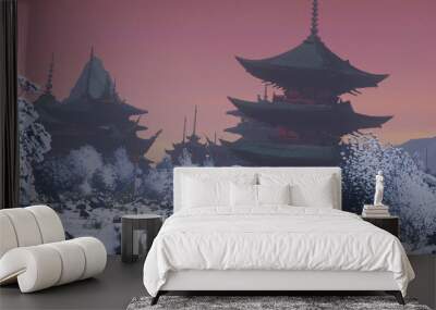 Japanese vintage concept art. Old traditional architecture. Asian winter. Colorful artistic scenery. Wall mural